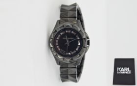 Karl Lagerfeld Ladies Black Ion -Steel Karl 7 Wrist Watch. Features Concealed Clasp Bracelet,