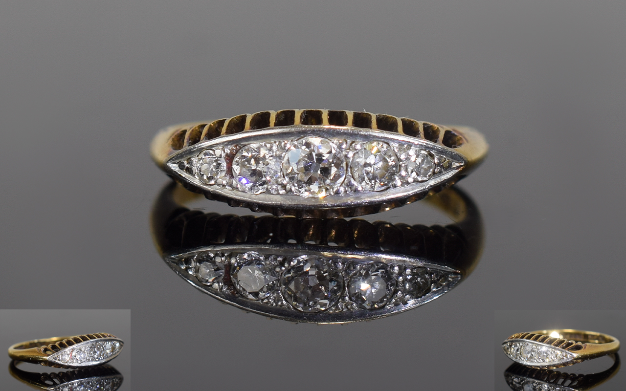 Edwardian 18ct Gold and Platinum 5 Stone Diamond Ring. Set with Cushion Cut Diamonds. The Diamond of
