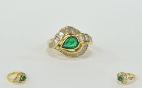 Ladies - 18ct Gold Set Emerald and Diamond Cluster Ring, The Pear Shaped Emerald ( Rub over Set ) of