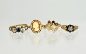 Ladies 9ct Gold Diamond and Sapphire Dress Rings, three in total, plus a 9ct gold cameo set ring;