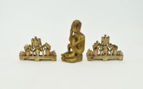 Chinese Late 19th Century Carved Soapstone Figures ( 3 ) Three In Total. Comprises a Thinking Monkey