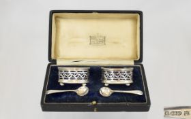 Early 20th Century Boxed Pair of Silver Salts with Matching Spoons, Complete with Blue Liners.