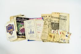 Box of Assorted Ephemera including silk cigarette cards, Titanic newspaper cuttings,