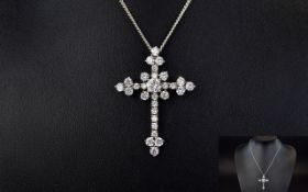 Silver Cross, Set With CZ Stones, Suspended On A Silver Chain, Stamped 925.