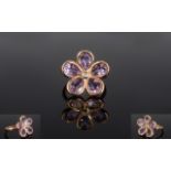 Rose de France Amethyst and Natural White Zircon Flower Ring, five pear cut,