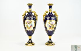 Coalport Very Fine And Impressive Pair Of Handpainted Porcelain Classical Twin Handle Urn Shaped