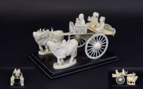 Early 20th Century Oriental Carved Ivory / Bone Group Figure of Two Large Oxon Pulling a Carriage /