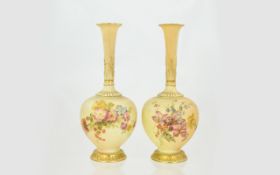 Royal Worcester Hand Painted Pair of Blush Ivory Specimen Vases ' Spring Flowers ' Still life.
