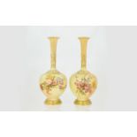 Royal Worcester Hand Painted Pair of Blush Ivory Specimen Vases ' Spring Flowers ' Still life.