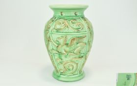 Burleigh Ware 1930's Hand Painted Large Vase with Soft Peppermint Colour Ground, Mythical