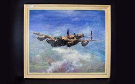 Framed Oil On Board, Lancaster Bomber In Flight,