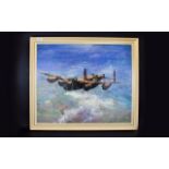 Framed Oil On Board, Lancaster Bomber In Flight,