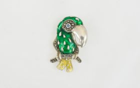 1930's Silver and Enamel Brooch. In The Form of a Parrot. Set with Yellow and Green Enamel and