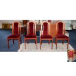 Four Hall Chairs In light wood with red velour upholstery.