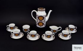 Midwinter 'Kismet' Coffee Set comprising coffee pot, sugar bowl, milk jug and six cups and saucers.