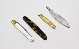 A Collection of Vintage Pen Knives ( 4 ) In Total. Mother of Pearl and Tortoiseshell Handles -