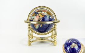 A Fine Quality Vintage Lapis - Lazuli - World Globe Set with Gemstones,