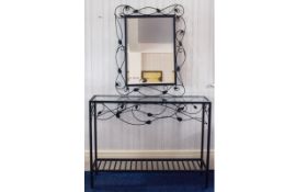 Contemporary Metal And Glass Console Table With Matching Mirror Metal construct with verdigris