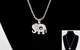 18ct White Gold Nice Quality Pendant, In The Form of a Young Elephant Set with Diamonds, Attached to