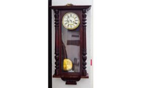 Gustav Becker Mahogany Cased Vienna Wall Clock. c.1880's. with Wood Rod and Pendulum. 38 Inches
