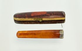 Victorian Period Nice Quality Natural Amber - Silver Banded Cheroot / Cigar Holder. Fully Hallmarked