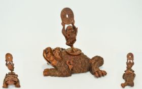 Chinese - 19th Century Unusual Mythical Carved Wooden Sculpture of a Large Money Frog Figure, with