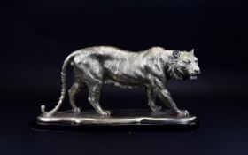 Fine 20th Century Impressive And Quality Silvered Cast Metal Figure Of A Tiger in a prowling