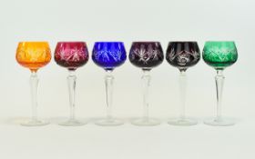 Harlequin Set of Six Hock Glasses, each bowl cased in a different colour, ruby red, deep garnet,
