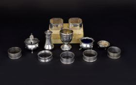 Pair Of Silver Napkin Rings, Together With Five Other Napkin Rings And Silver Mustard And Salt Pot