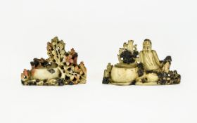 Japanese 19th Century Fine Quality Pair of Soapstone Carvings of a Sage / Wise Man - Sitting Next to