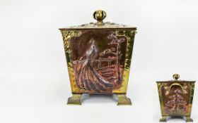 Arts & Crafts Period Planished and Quality Copper and Brass Lidded Coal Scuttle/ Box with Stylish