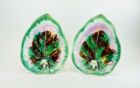 Majolica Pair of Leaf Shaped Dishes with Yellow Blossoms. c.1900. Each 10.25 Inches Diameter and