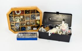 A Large Collection Of Vintage Costume Jewellery Housed in a glazed compartmentalised box to