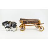 Sylvac - Porcelain Large Pair of Early Clydesdale Black Shire Horses, Pulling a Large Wood Cart with