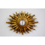Art Deco Period Impressive - Carved Wooden Starburst Wall Clock with Painted Gold on Wood