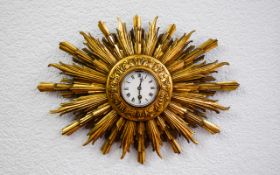 Art Deco Period Impressive - Carved Wooden Starburst Wall Clock with Painted Gold on Wood