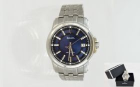 Bulova Precisionist Mens Stainless Steel Quartz Wrist Watch. Features Black and Blue Dial, Marked