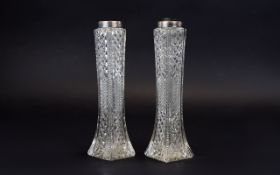 Pair of Cut Glass Vases, of slender waisted form, flared bases,