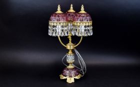 Decorative Three Shade Glass And Crystal Table Lamp Brass toned lamp in high Victorian revival style