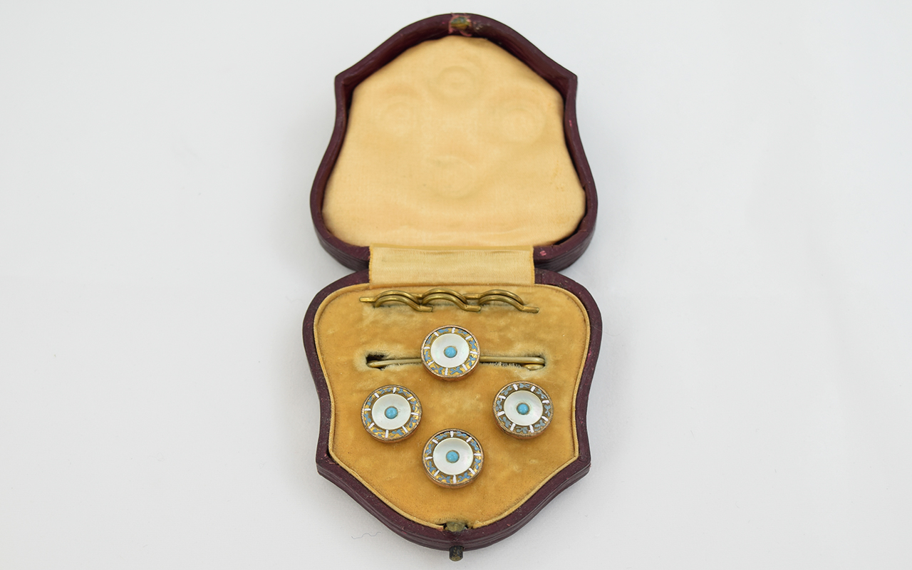 Set Of Three Buttons And Matching Brooch In Fitted Case, Mother Of Pearl Fronts With Central