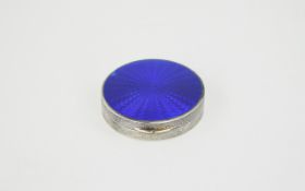 Antique - Fine Quality Circular Silver and Blue Enamel Pill Box. Import Mark 1930 London, Mark