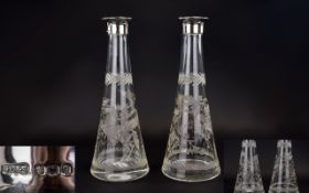 A Superb Pair of Handmade Silver Collar Tapered Bottle / Decanter Shaped Vases, with Deep Etched