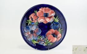 Moorcroft Signed Ltd and Numbered Edition Tube lined Cabinet Plate ' Anemone ' Pattern on Blue