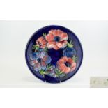 Moorcroft Signed Ltd and Numbered Edition Tube lined Cabinet Plate ' Anemone ' Pattern on Blue