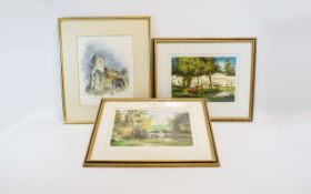 A Collection Of Framed Watercolours Three in total, the first depicting a church,