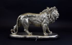 A Fine Impressive 20th Century Silvered Cast Metal Figure Of A Male Lion In Full Splendor.