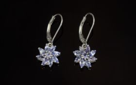 Tanzanite Flower Cluster Drop Earrings,