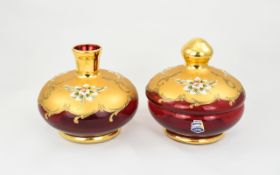 Murano - Fine Quality Cenedese Vetri Pair of Overlaid Gold on Ruby Glass Vase and lidded Jars From