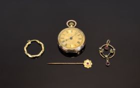 A Small Collection Of 9ct Gold Items Four items in total to include, ladies 9ct gold cased fob watch