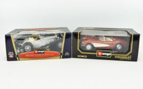 Two Collectable Burago Cars.One Silver Mercedes-Benz 500K Roadster (1936) Scale 1/20. One Auburn and